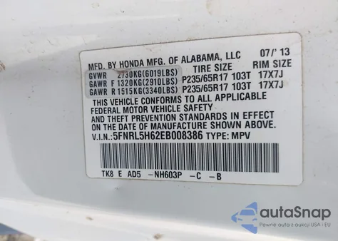 2014 Honda Odyssey Ex-L z USA, uszkodzony, nr VIN 5FNRL5H62EB008386